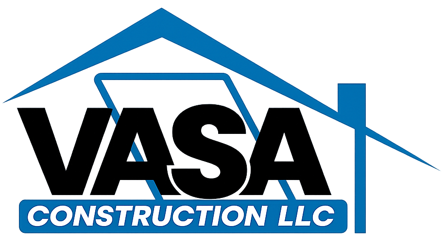 VASA Construction LLC logo with blue roof line and bold black and blue text