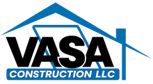 VASA Construction LLC logo with blue roof line and bold black and blue text