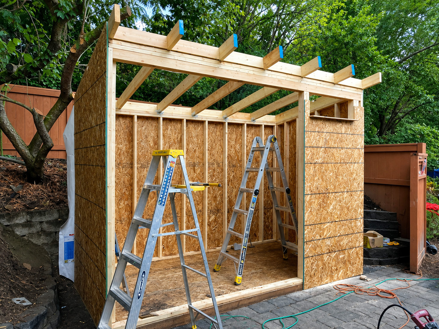 Partially built wooden shed with exposed framing, two step ladders, and plywood walls in a backyard.