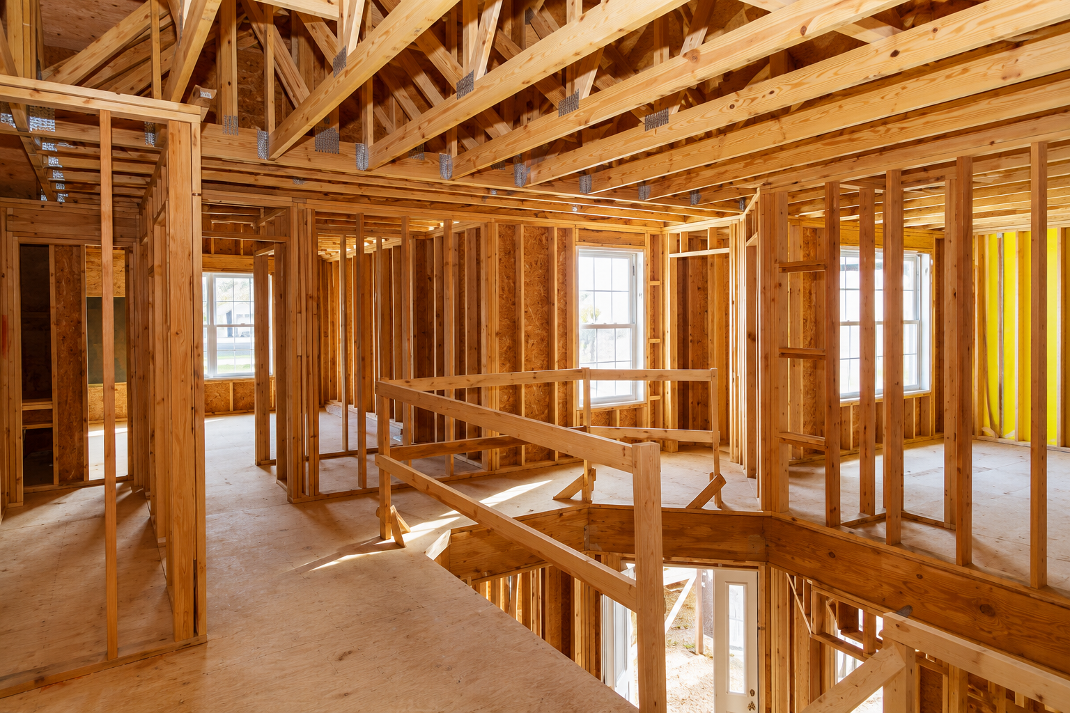 Unfinished wooden house interior with exposed framing, floor joists, and multiple windows.