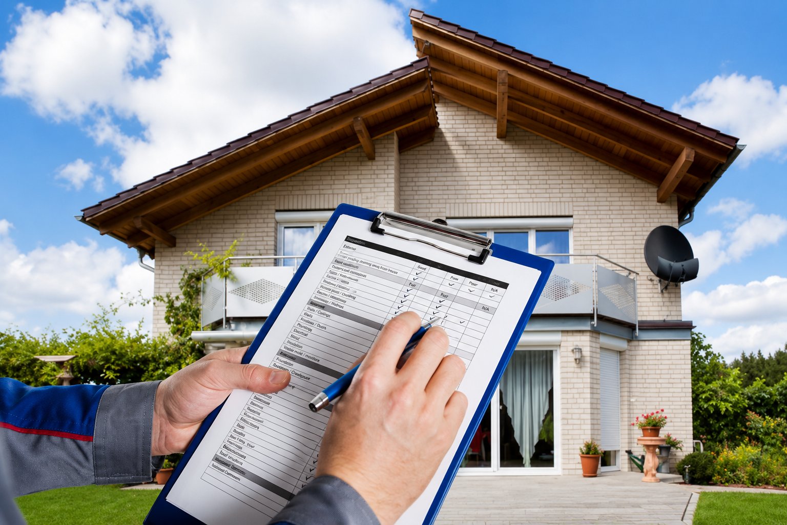 Hand holding a clipboard while inspecting a house exterior under a blue sky