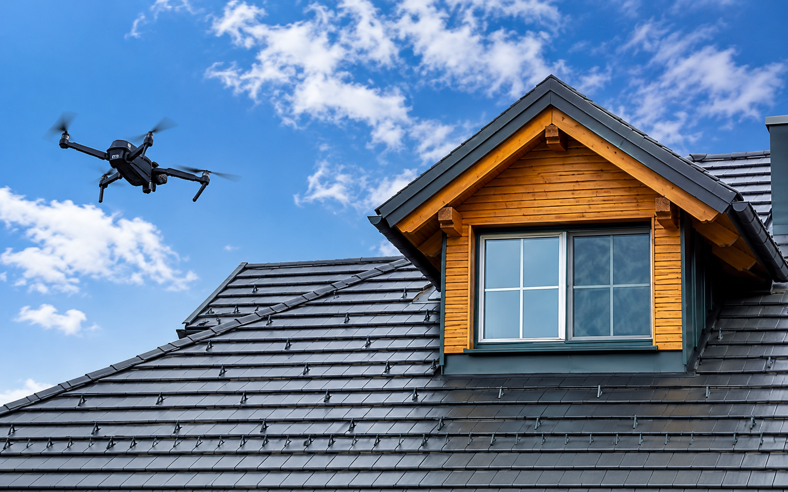 Drone flying above a house roof under a blue sky