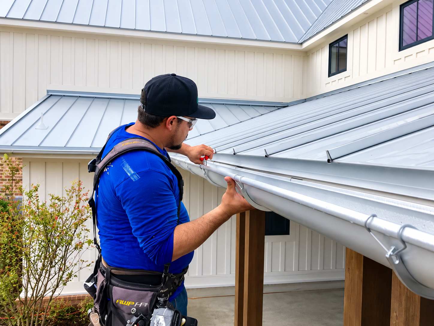 Worker in blue shirt inspecting and lifting a metal roof gutter on a house exterior
