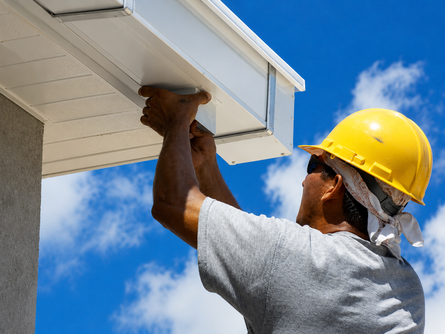 Worker in yellow hard hat installing siding under a roof eave against a blue sky.