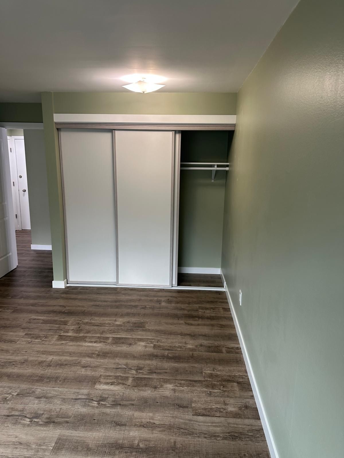 Empty bedroom with sliding closet doors, open closet shelf, green walls, and wood flooring