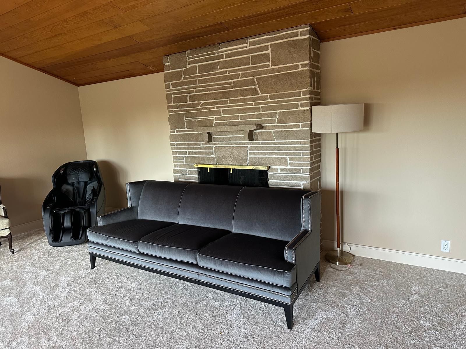 Living room with dark sofa, brick fireplace, floor lamp, and carpeted floor