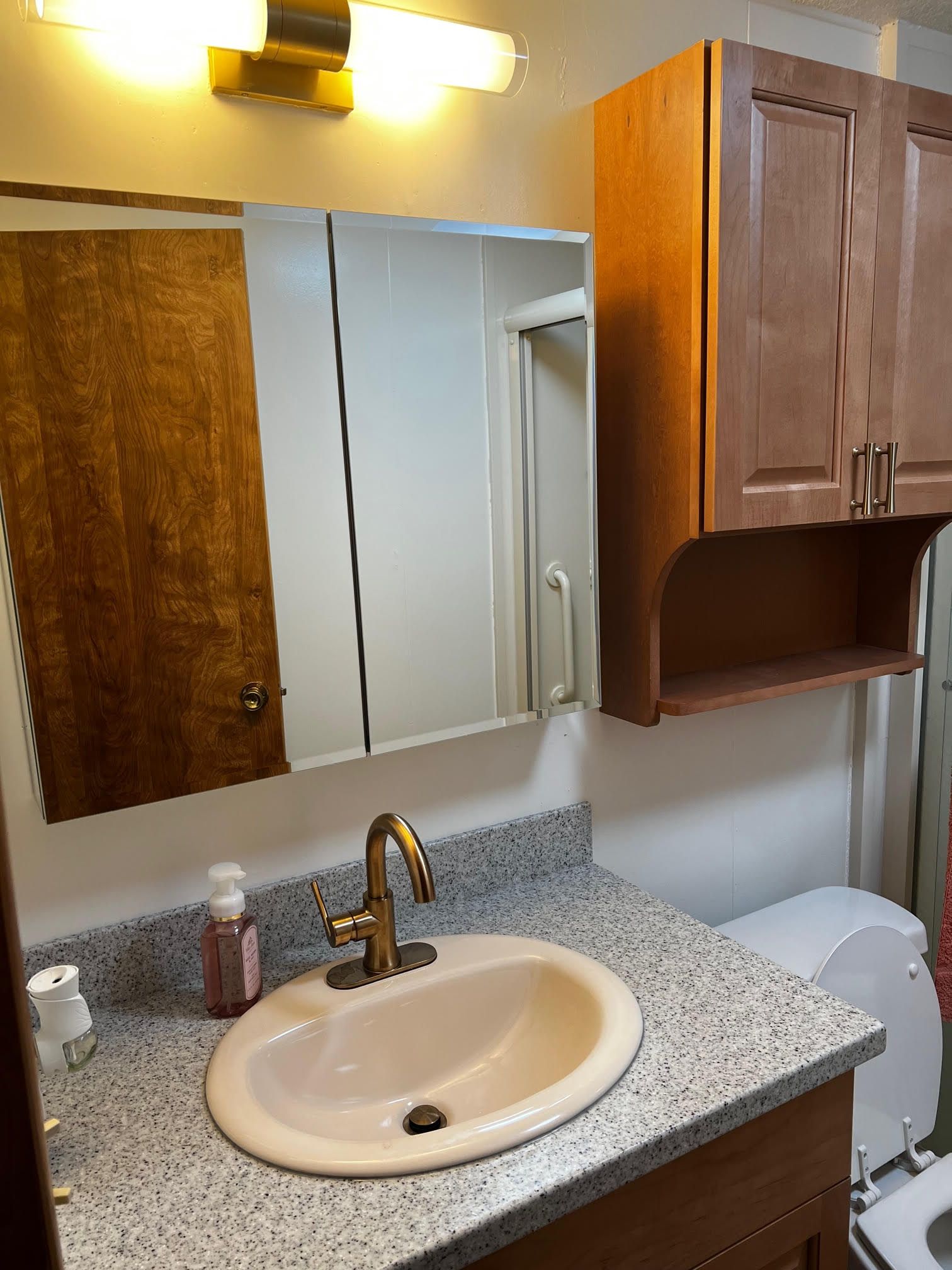 Small bathroom vanity with sink, mirror, light fixture, and wooden cabinet above a speckled countertop.