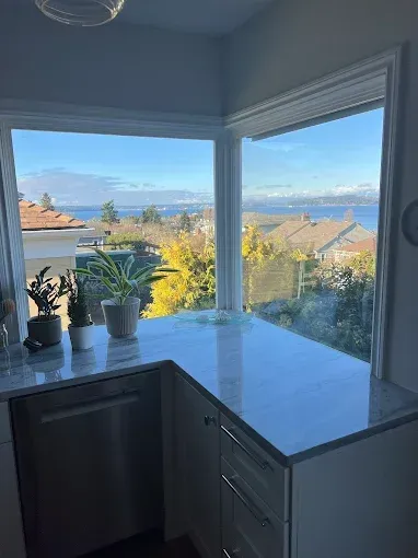 Kitchen corner with potted plants on a marble counter, overlooking a bright bay view through large windows.