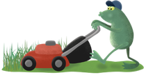 Green frog in blue cap pushes a red lawn mower over grass.