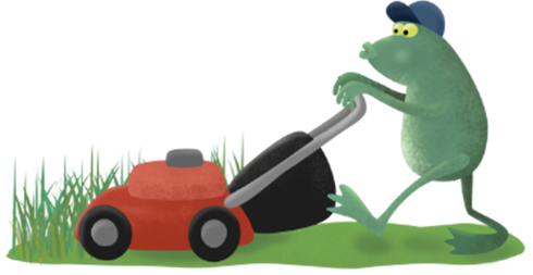 Green frog in blue cap pushes a red lawn mower over grass.
