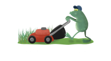 Green frog wearing a cap pushes a red lawn mower beside a patch of grass.