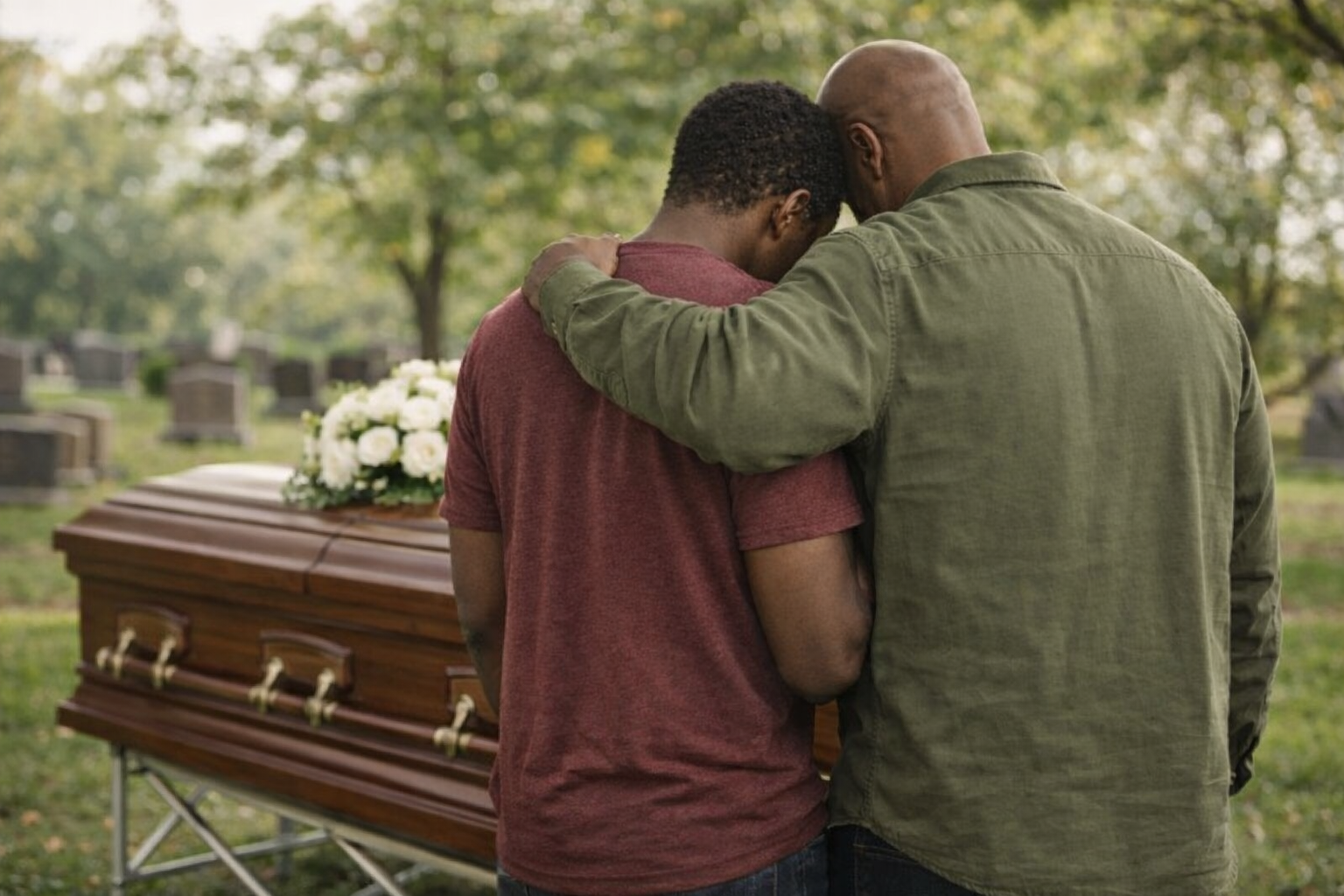 Two people stand together, heads bowed in grief, with an arm around each other beside a casket at a cemetery.