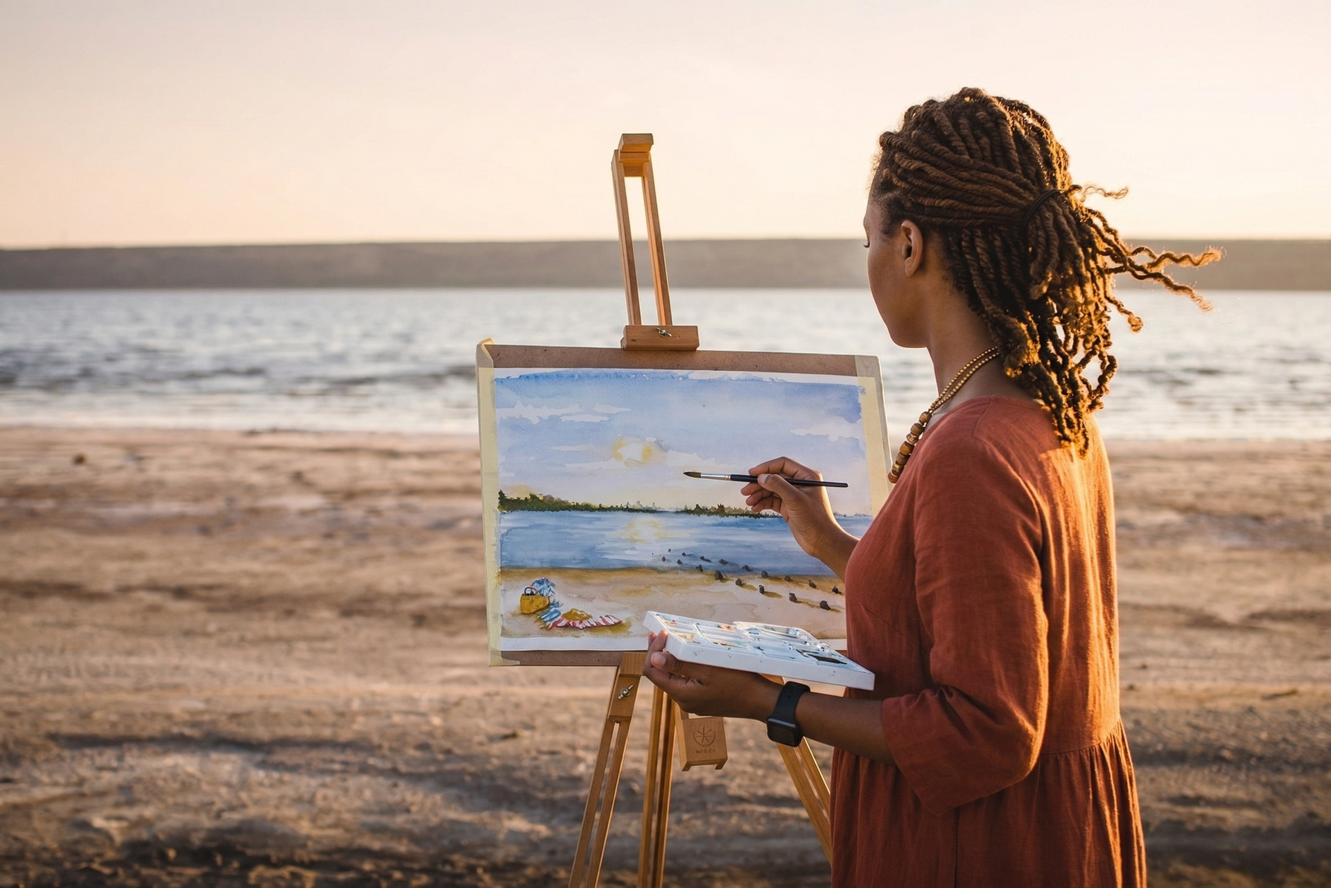 An artist paints a seaside landscape on an easel while standing on a sandy beach at sunset.