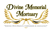 White text reading "Divine Memorial Mortuary" centered above a pair of stylized white angel wings on a black background.