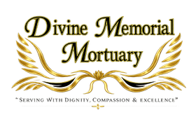 White text reading "Divine Memorial Mortuary" centered above a pair of stylized white angel wings on a black background.