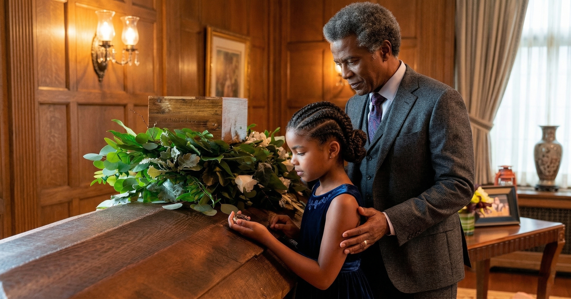 An adult and a child in formal attire stand together, placing hands on a wooden casket covered in green foliage.