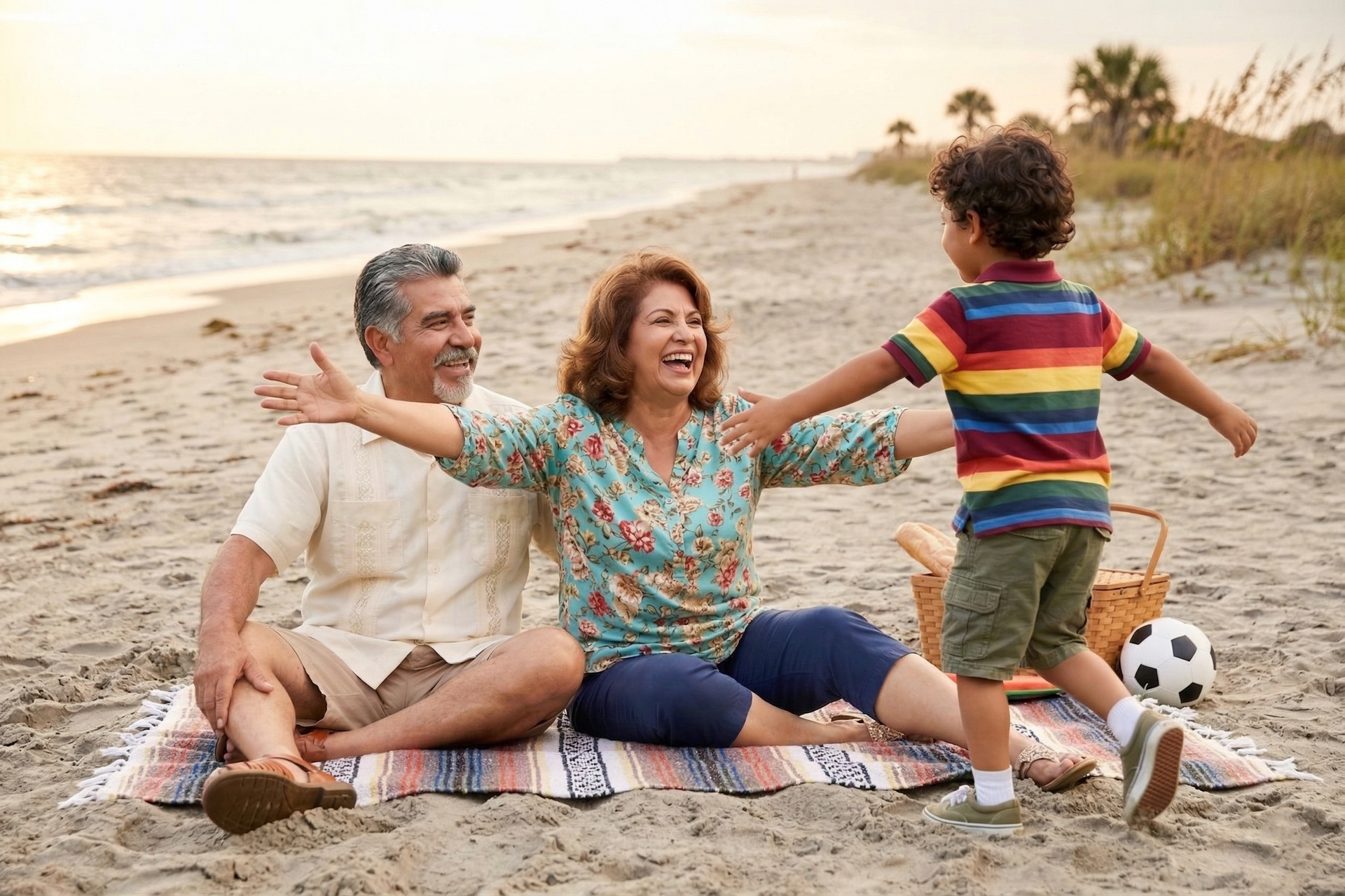 A child with arms outstretched approaches smiling people sitting on a blanket on a sandy beach at sunset.