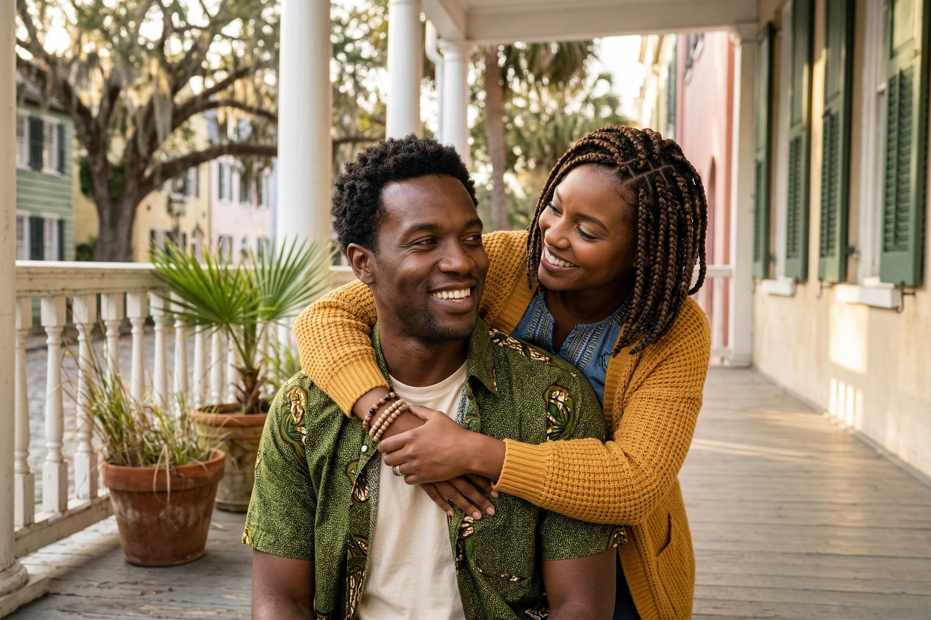 A person in a yellow sweater hugs a person in a green patterned shirt on a covered porch with white columns.