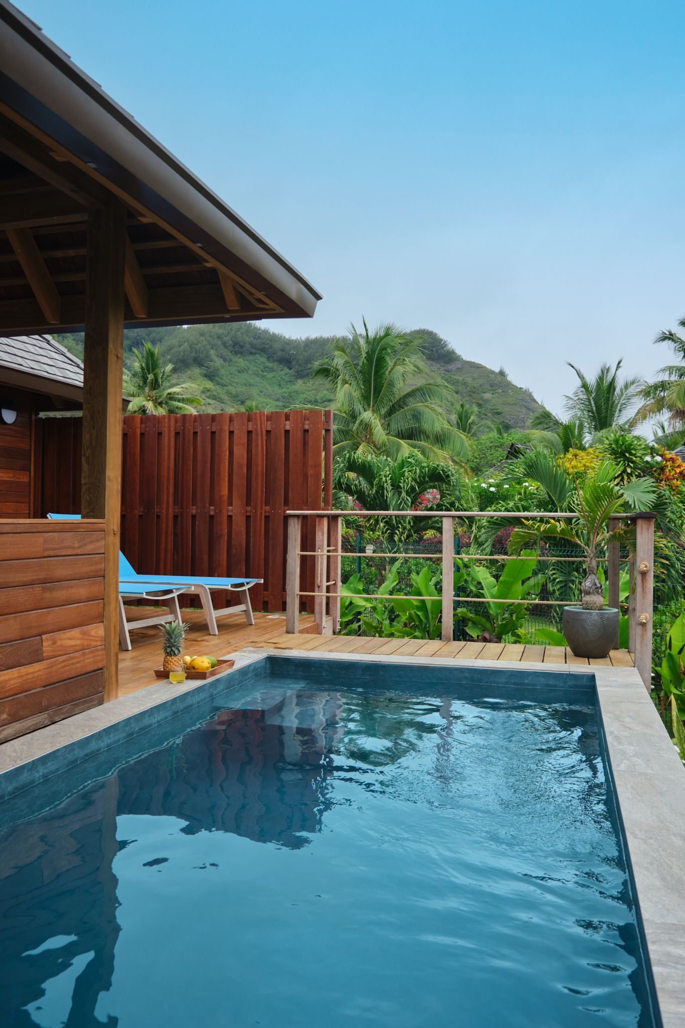 Small pool next to a wooden deck and structure, lush green vegetation, mountain, and blue sky in the background.