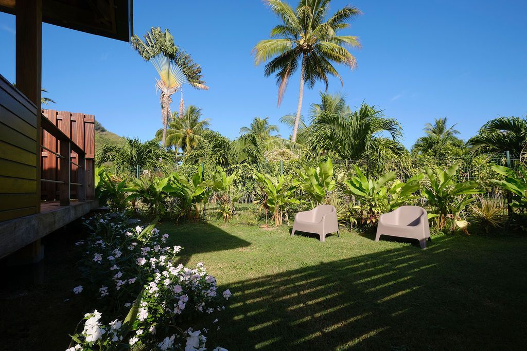 Two chairs on a lawn with garden and palm trees, near a wooden building under a blue sky.