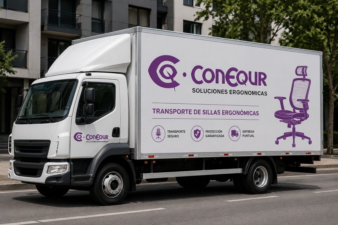 Camión de reparto blanco de la marca ConQur estacionado en una calle de la ciudad, con el logotipo y la imagen corporativa de color morado.