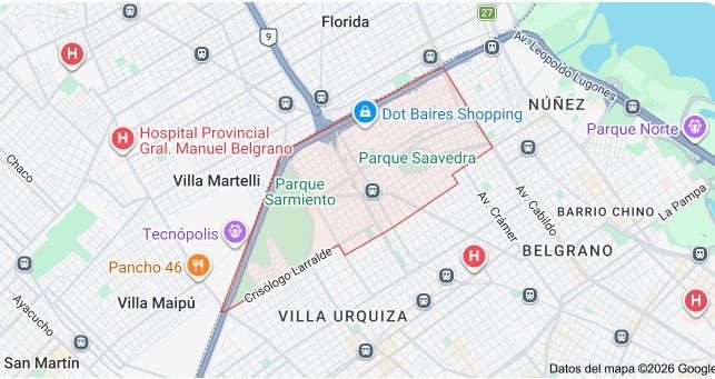 Mapa de los barrios del norte de Buenos Aires con marcadores de ubicación a lo largo de la costa y las calles.