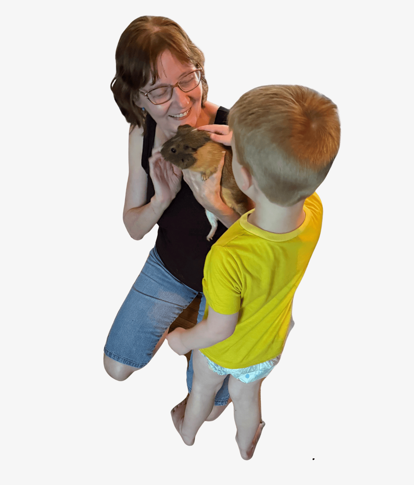 Woman and child petting a guinea pig; indoor, smiling, petting.