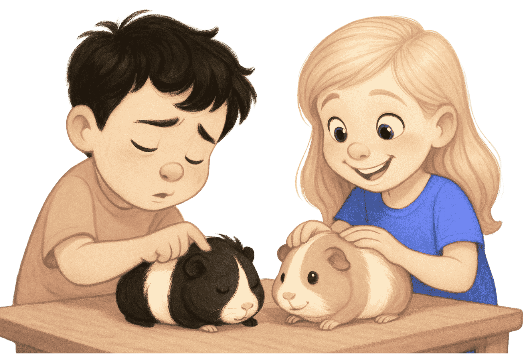 Two children petting guinea pigs. A girl smiles, a boy looks concerned.