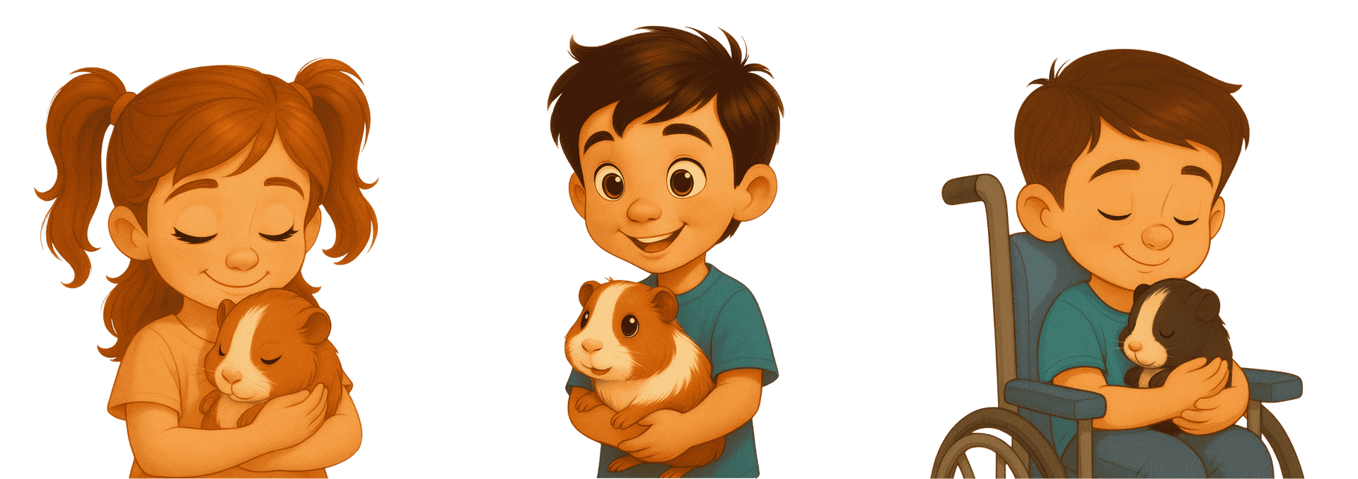 Three children, hugging guinea pigs. The child on the right is in a wheelchair.
