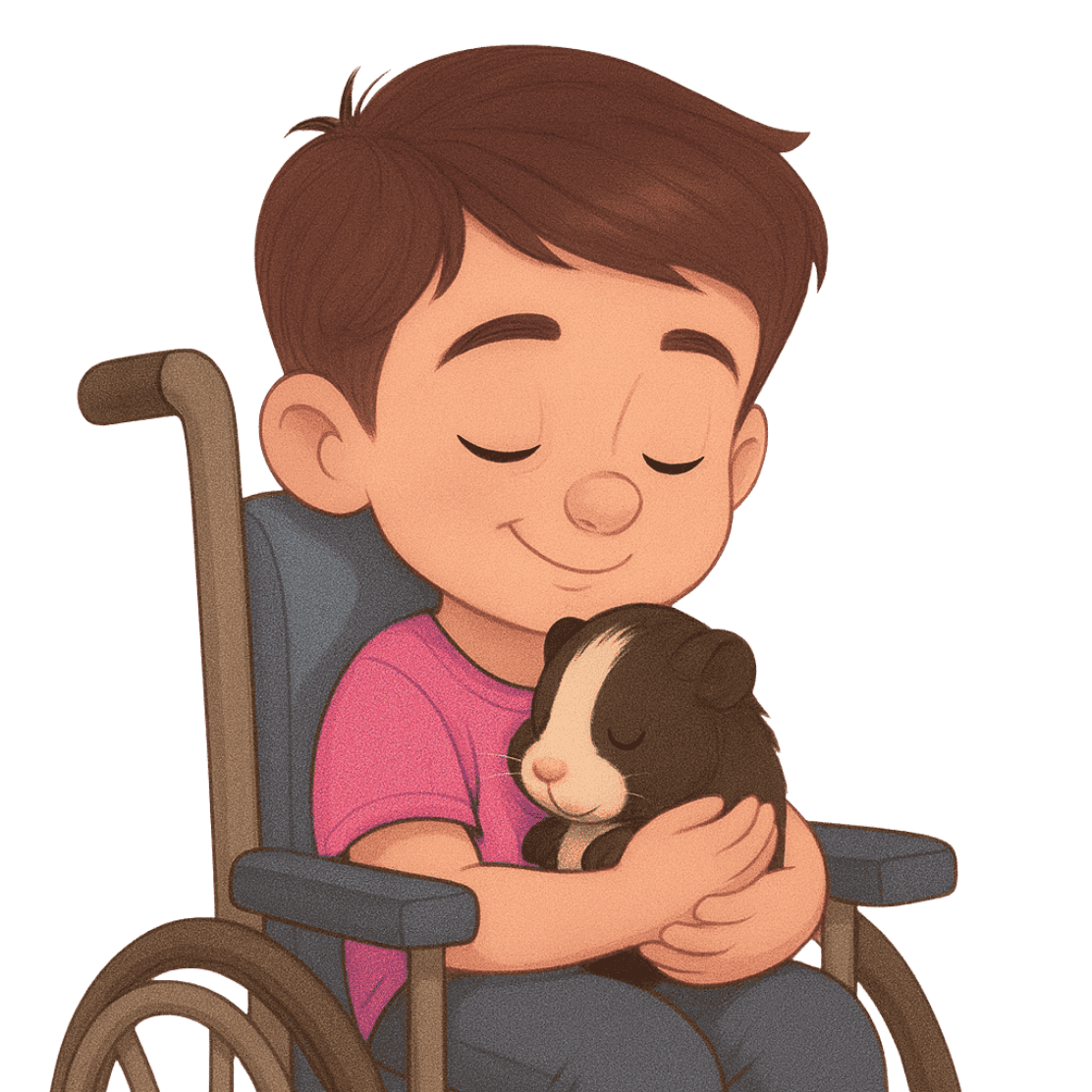 Boy in a wheelchair smiles, holding a guinea pig close, eyes closed.