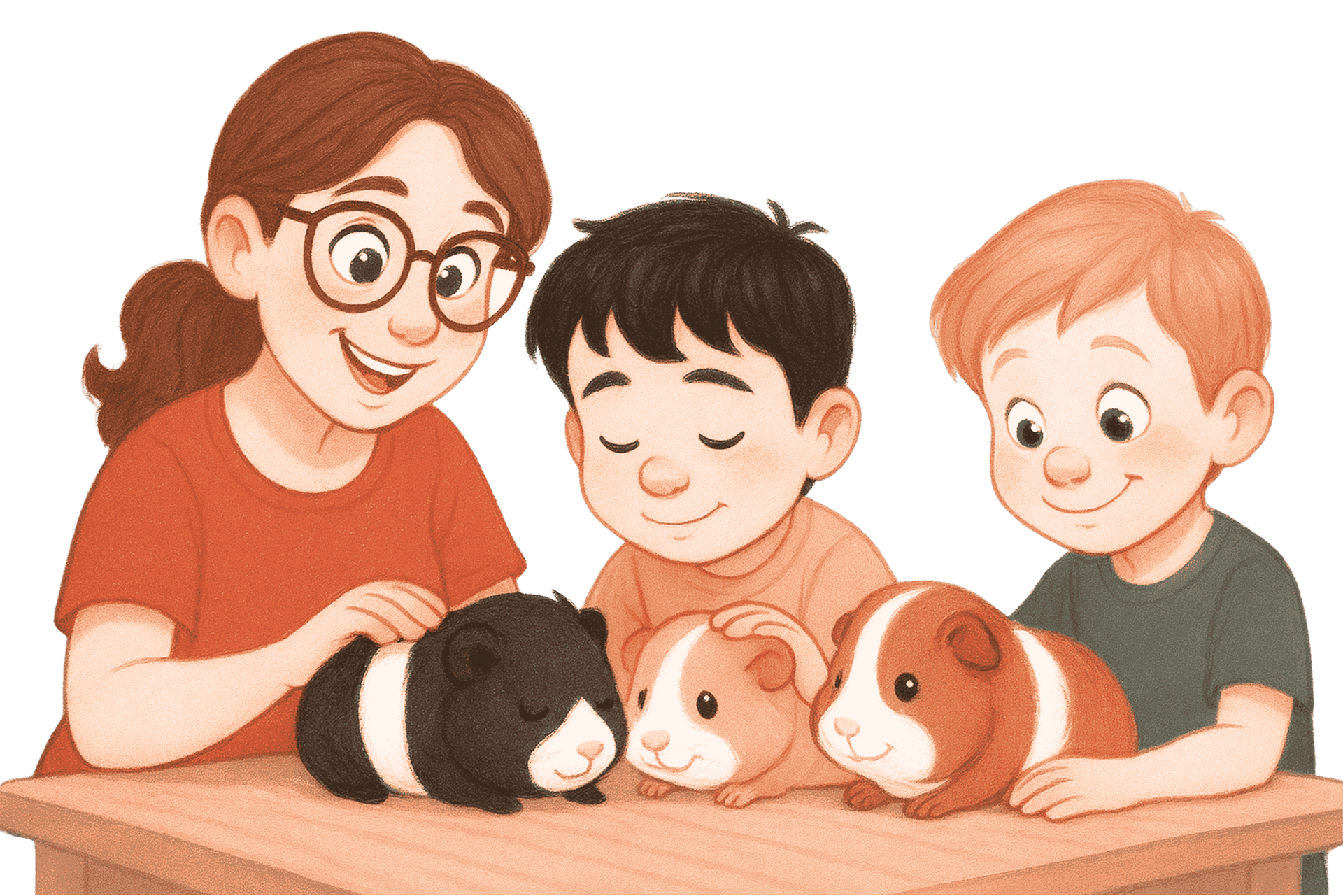 Three children and a woman petting three guinea pigs on a table.