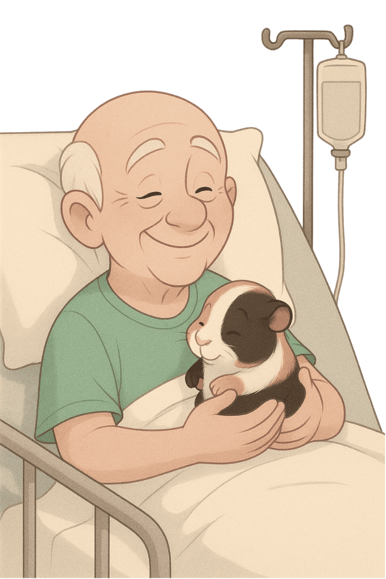 Smiling elderly man in hospital bed, holding a guinea pig. IV drip in background.