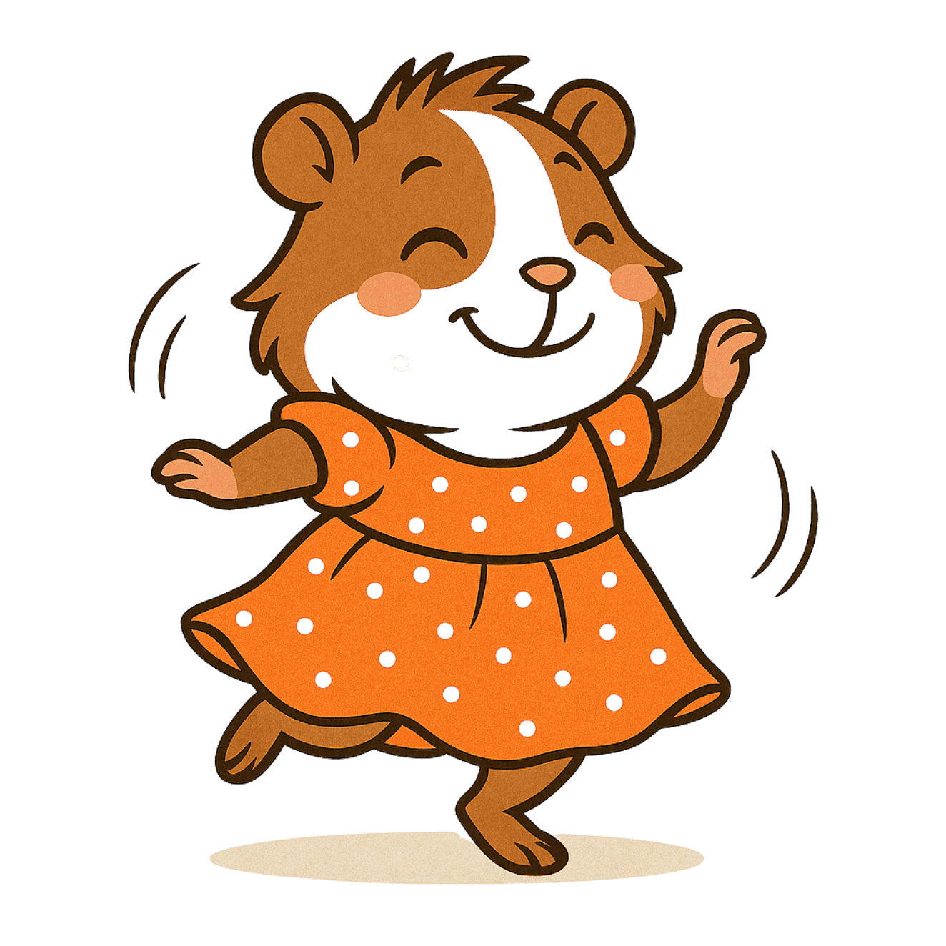 Happy guinea pig dancing in orange polka-dot dress.