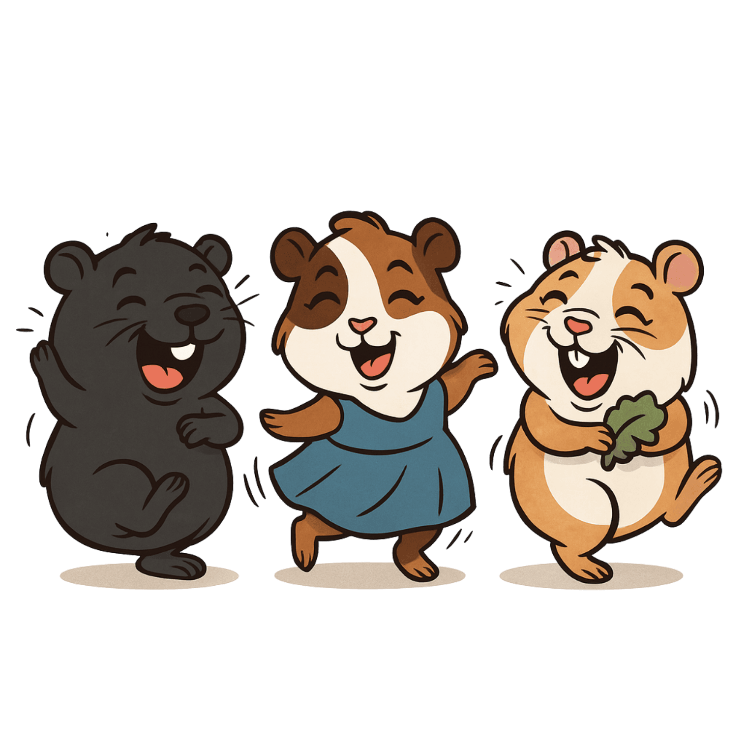 Three cheerful cartoon hamsters dancing and laughing.