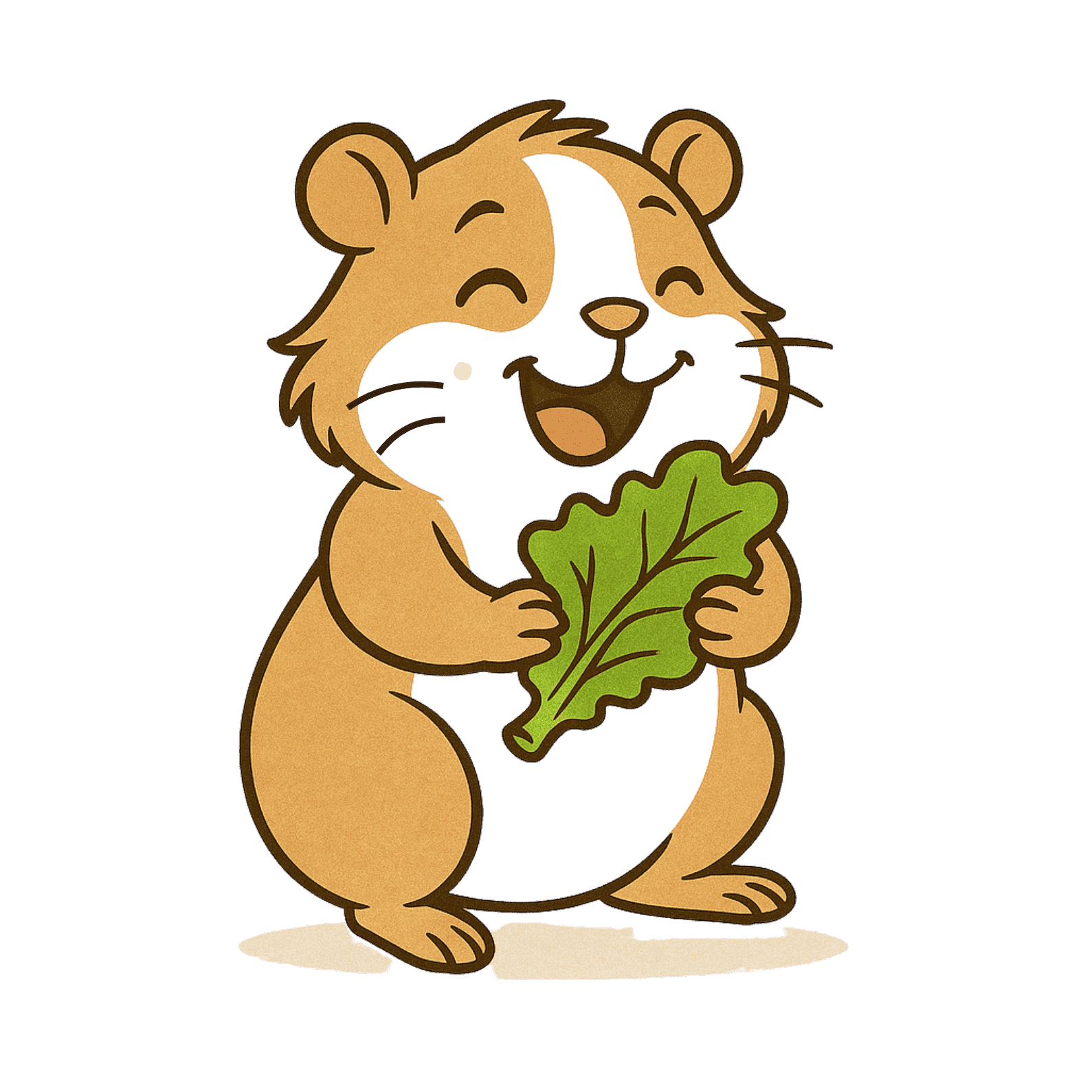 Happy hamster holding and eating a green leaf.