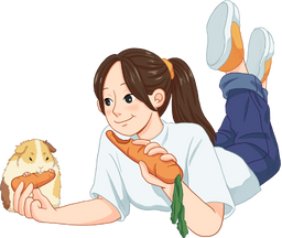 Girl lying down, feeding guinea pig a carrot. Both eating carrots, smiling.