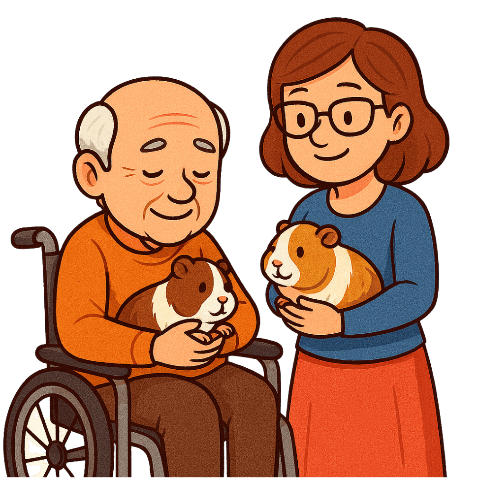An elderly man in a wheelchair and a woman hold guinea pigs. Both are smiling.