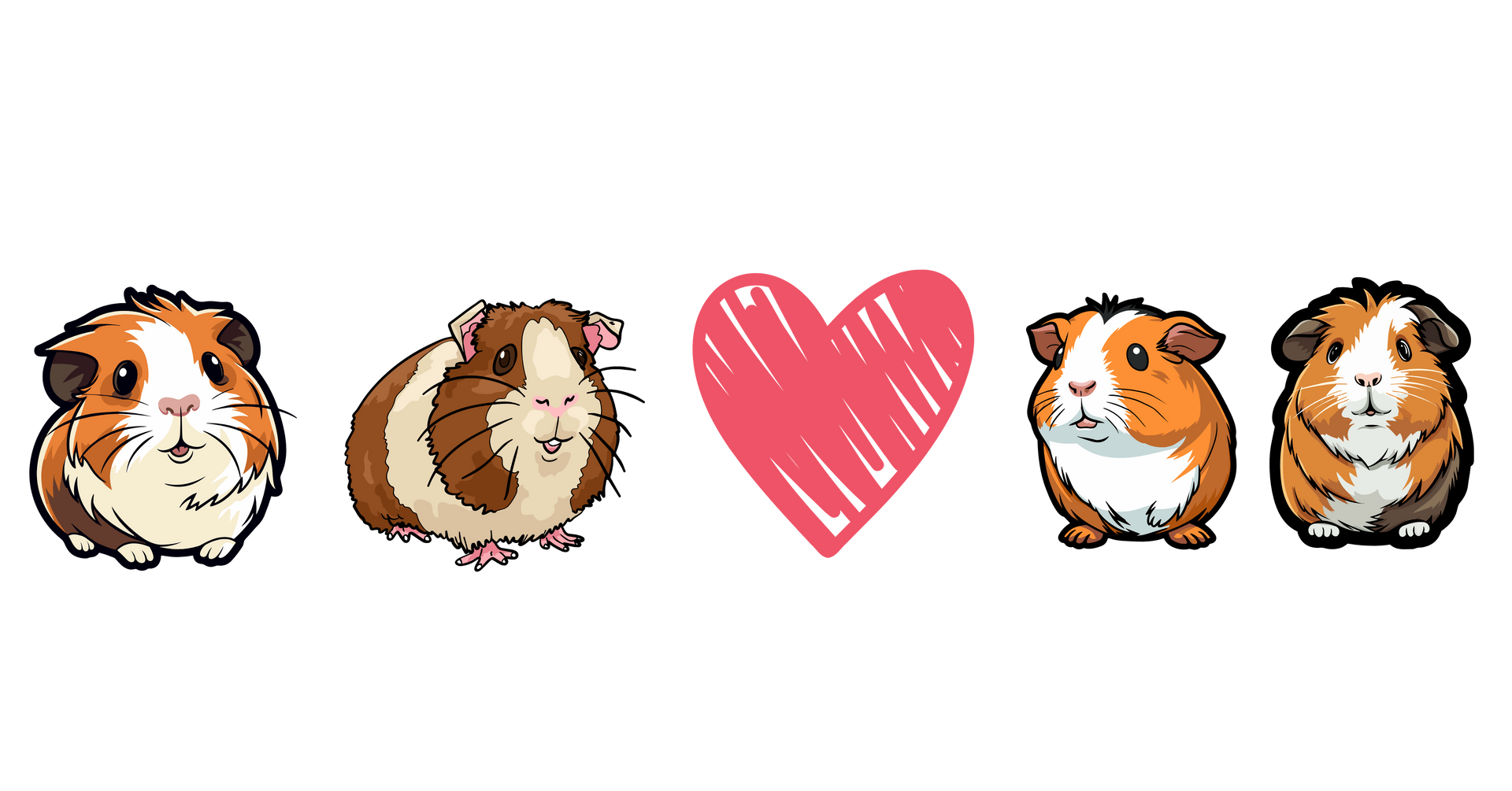 Four guinea pigs flanking a pink heart, all drawn with cartoon-like detail.