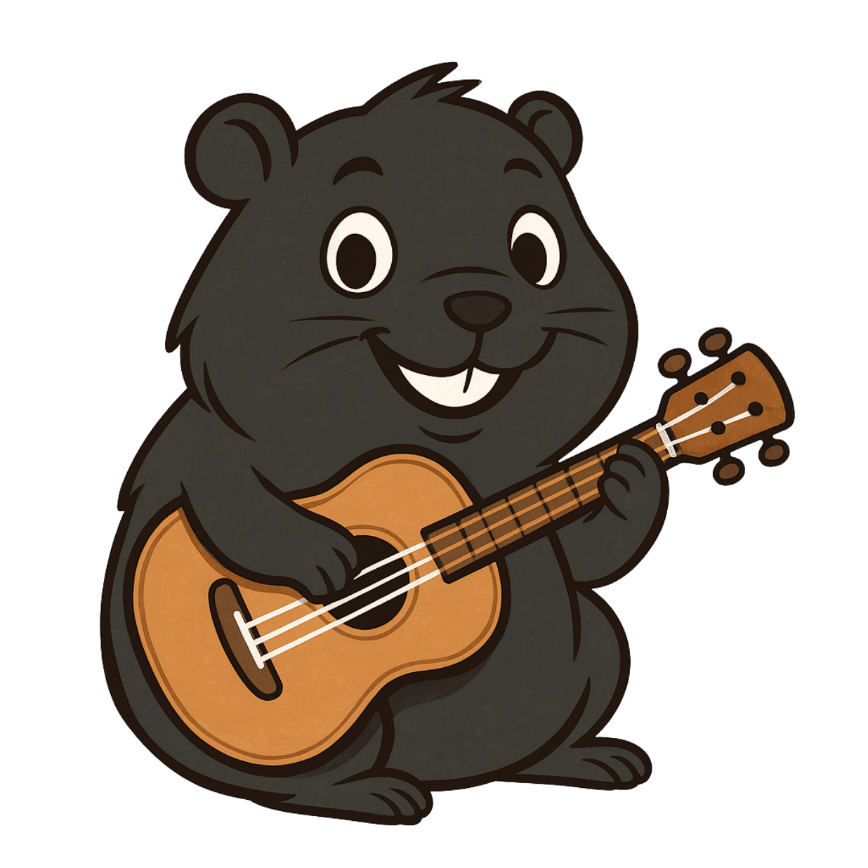 Black hamster smiling and playing a ukulele.
