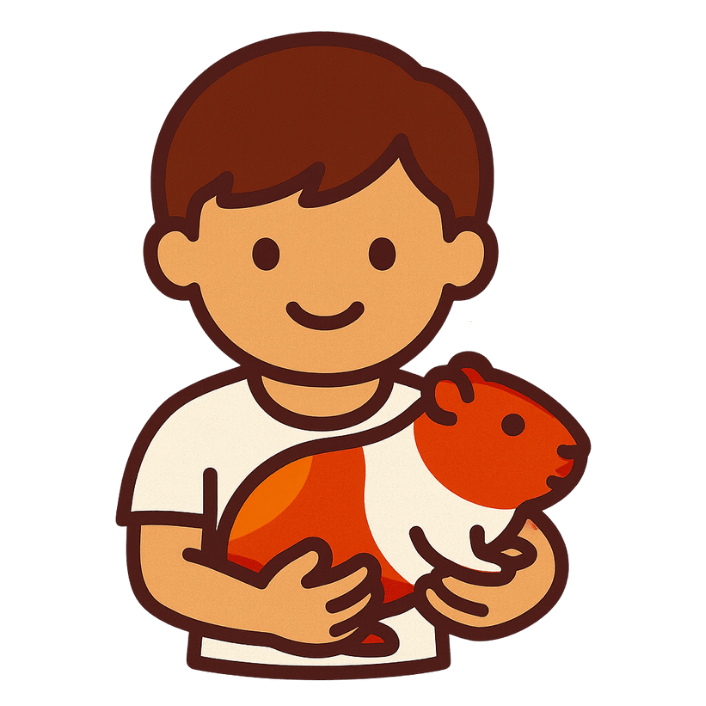 Boy holding a brown and white guinea pig; smiling.