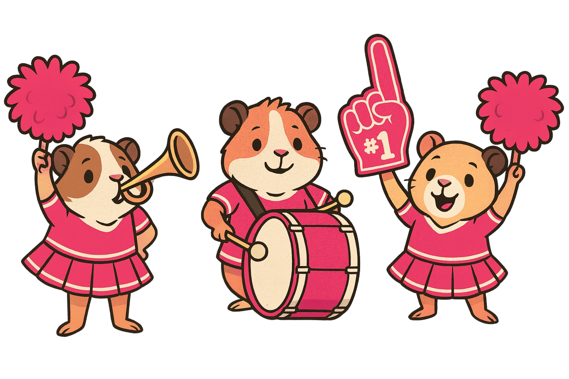 Three cartoon hamsters: one with a trumpet, another with a drum, and one with a foam finger.