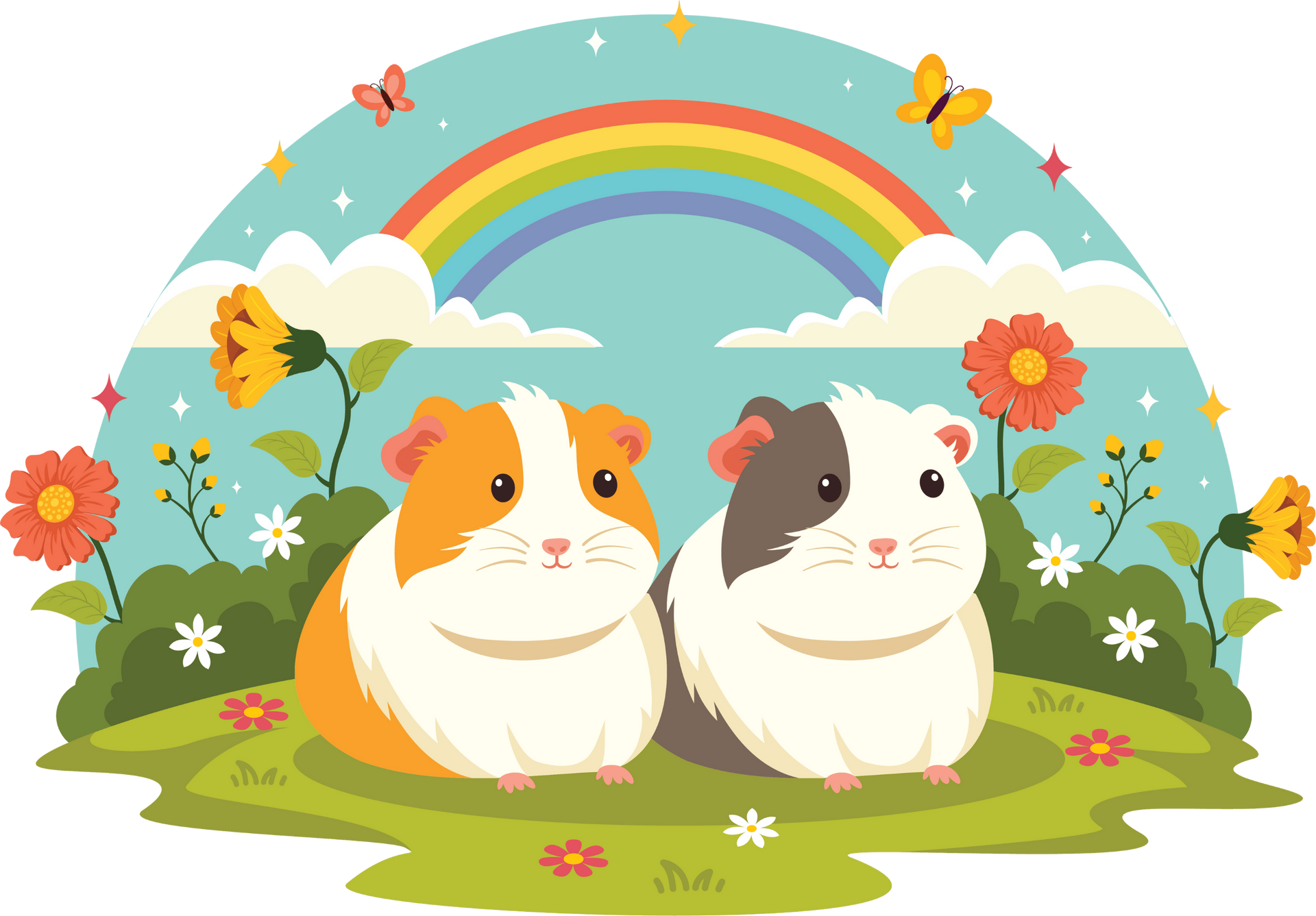 Two guinea pigs on a grassy hill under a rainbow, flowers, clouds, and butterflies.