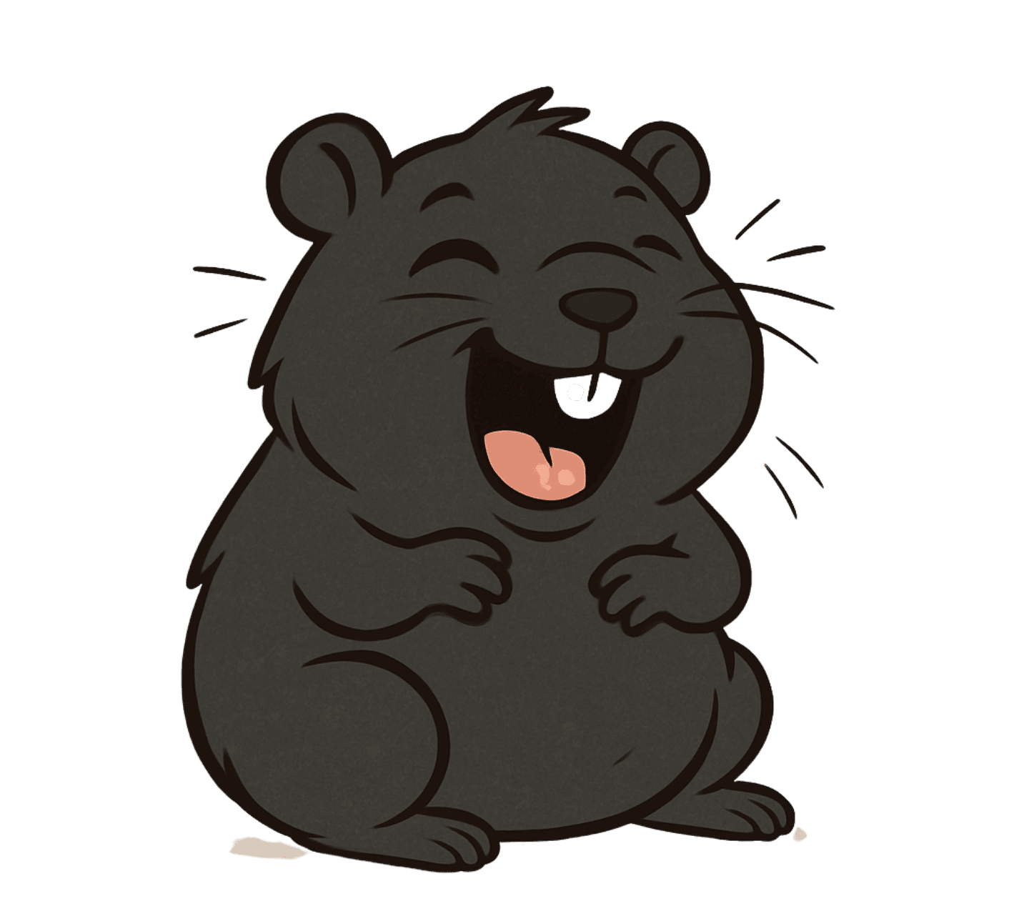 Black hamster, laughing, with one tooth showing.