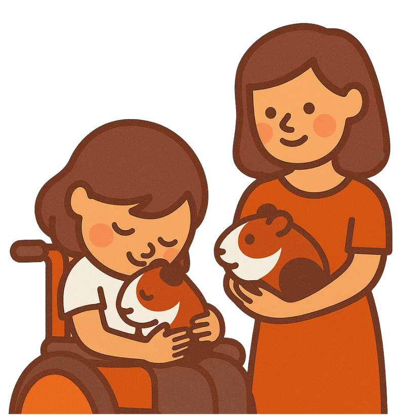 Girl in wheelchair cuddling guinea pig, woman holds another. Both smile.