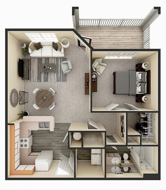 Floor plan of a two-story house. Kitchen, dining, living room, laundry, and stairs. Brown, beige and white color scheme.