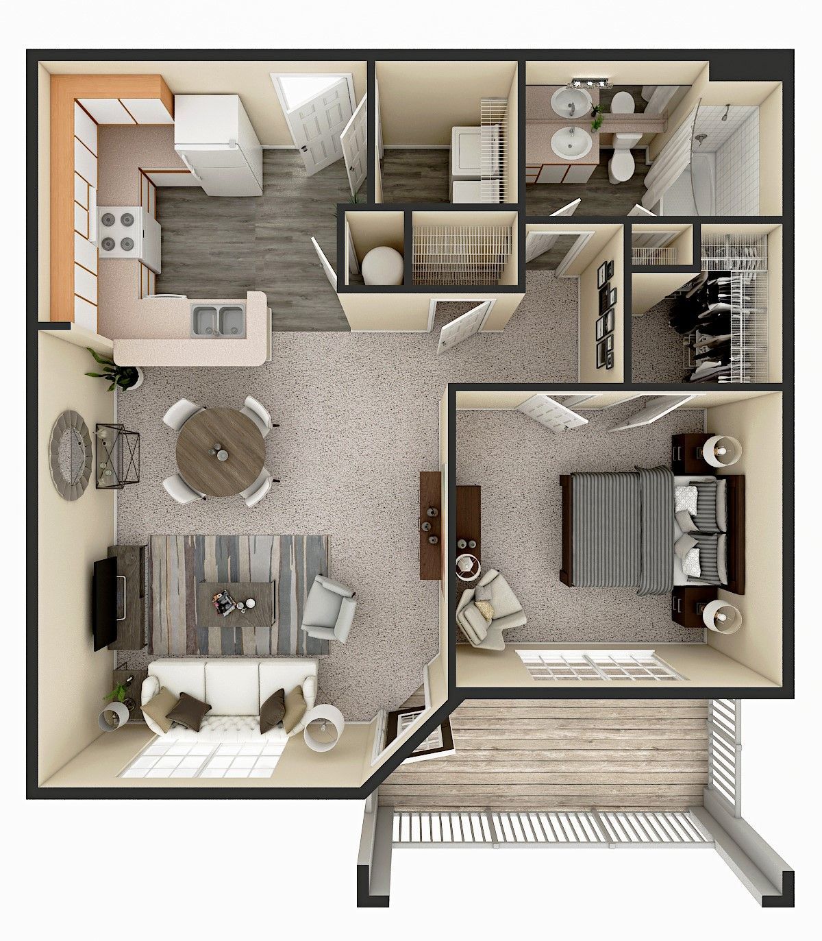 Floor plan of a two-story apartment: kitchen, dining area, living room, laundry, and stairs.