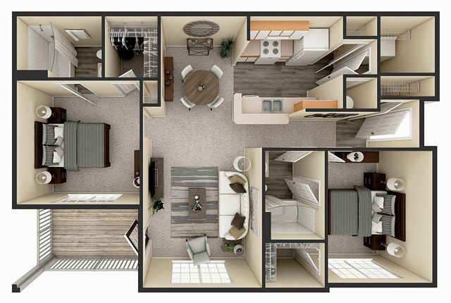 Floor plan of an apartment showing kitchen, dining, living, and bathroom areas.