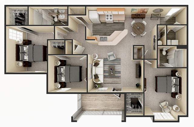 Floor plan of a two-story house. Kitchen, dining, living room, laundry, and stairs. Brown, beige and white color scheme.