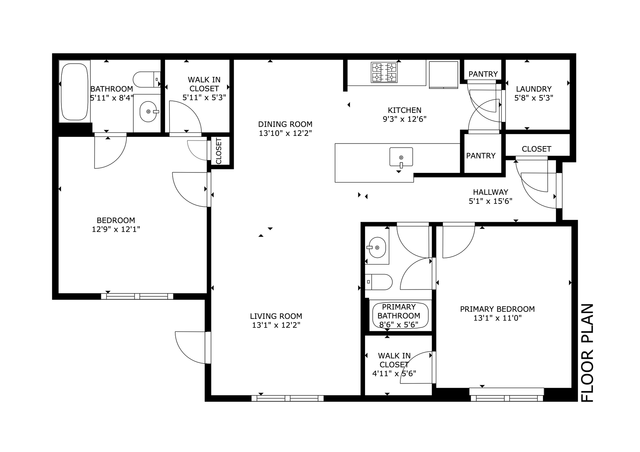 Floor plan of an apartment showing kitchen, dining, living, and bathroom areas.
