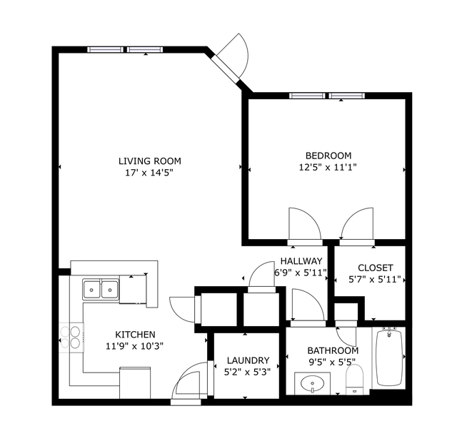 Floor plan of a two-story house. Kitchen, dining, living room, laundry, and stairs. Brown, beige and white color scheme.